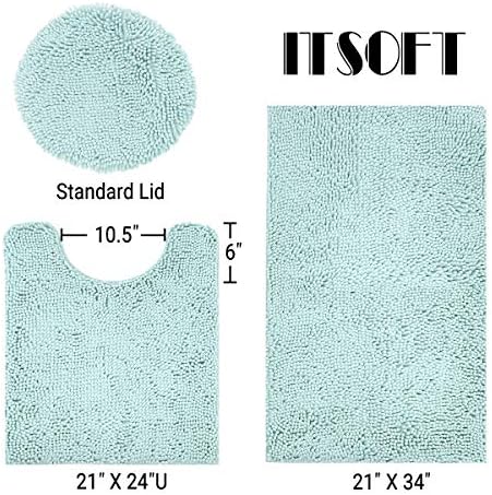ITSOFT Standard 3pc Non-Slip Shaggy Chenille Bathroom Mat Set, Includes 24"x21" U-Shaped Contour Toilet Rug, 34"x21" Inches Bathmat and 1 Toilet Lid Cover, Spa Blue
