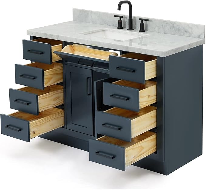 Isabella 48-Inch Bathroom Vanity with Sink — Midnight Blue Single Sink Bathroom Vanity, 1.5" Edge Italian Carrara Marble Top, Solid Wood, 2 Soft-Close Doors, 8 Dovetail Drawers + Tilt Drawer