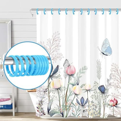 Light Blue Shower Curtain Hooks - 12 Pcs Circular Plastic Shower Curtain Rings for Bathroom - O Shaped Sky Blue Shower Hooks Rings for Shower Curtain Rod