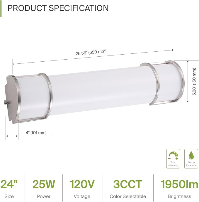 ASD LED 24" Vanity Flush Mount Light Fixture, Linear Bathroom Lighting Bar | 3CCT, Dimmable, Energy Star, ETL Listed | 25W 1950LM 3000-5000K 120V | Long Tube Bath Wall Sconce Over Mirror | Nickel