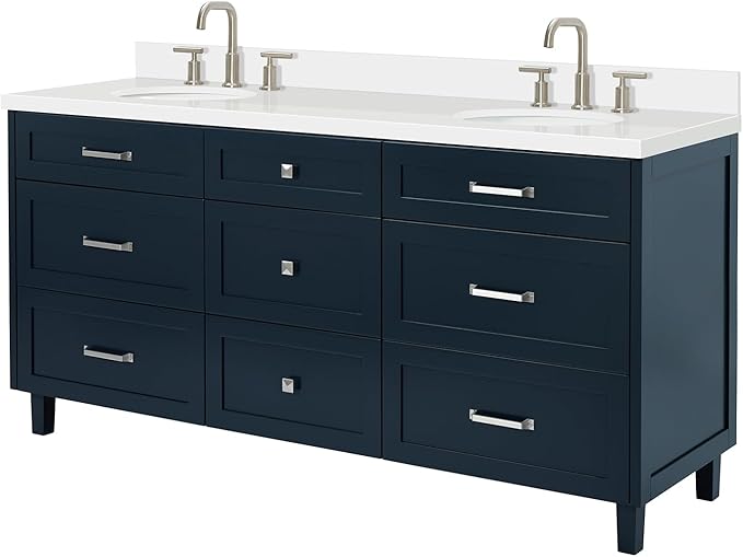 ARIEL Monroe 72-inch Bathroom Vanity with Sink,Solid Wood, 1.5-inch Pure White Quartz Countertop & Backsplash, Double Rectangular Porcelain Sink, 9 Dovetail Drawers, Brushed Nickel, Midnight Blue