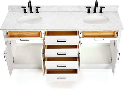 ARIEL Hepburn 72-inch Bathroom Vanity with Sink,Solid Wood, 0.75-inch Italian Carrara Marble Countertop & Backsplash, Double Oval Porcelain Sink, 4 Soft Closing Doors, 6 Dovetail Drawers, White