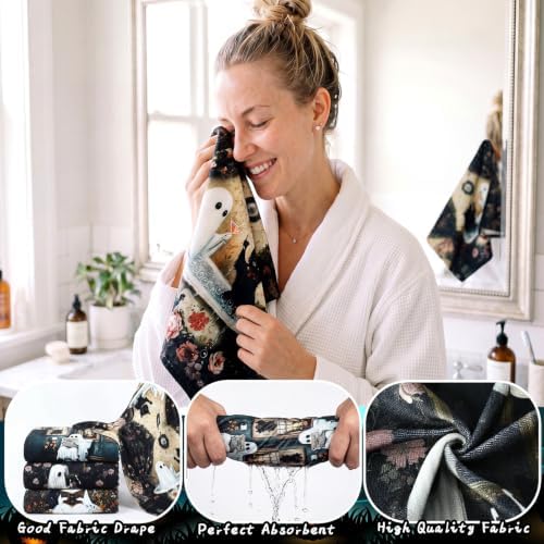 FuWeave 8 Pcs Halloween Shower Curtain Set, Vintage Ghost Black Cat Bathroom Decor with Floral Pattern, Include Non-Slip Bath Mat, Toilet Lid Cover, Towels and 12 Hooks for Spooky Gothic Bathroom