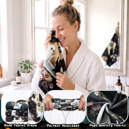 FuWeave 8 Pcs Halloween Shower Curtain Set, Vintage Ghost Black Cat Bathroom Decor with Floral Pattern, Include Non-Slip Bath Mat, Toilet Lid Cover, Towels and 12 Hooks for Spooky Gothic Bathroom
