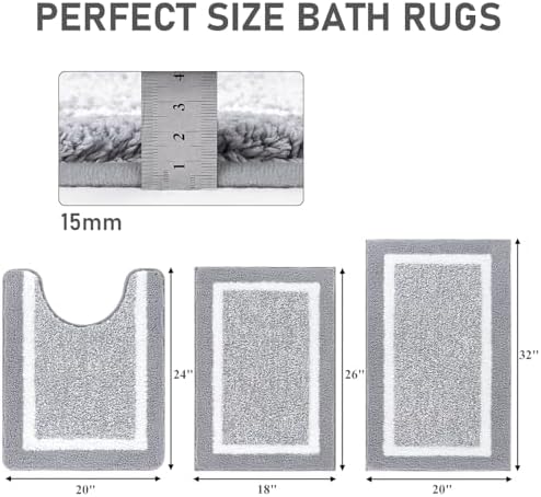 Pauwer 3 Piece Bathroom Rug Set, Non Slip Washable Bath Mat, Light Grey