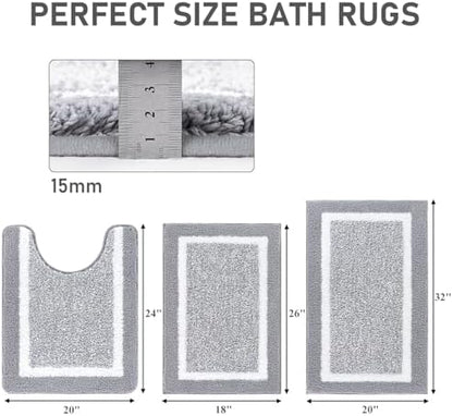 Pauwer 3 Piece Bathroom Rug Set, Non Slip Washable Bath Mat, Light Grey