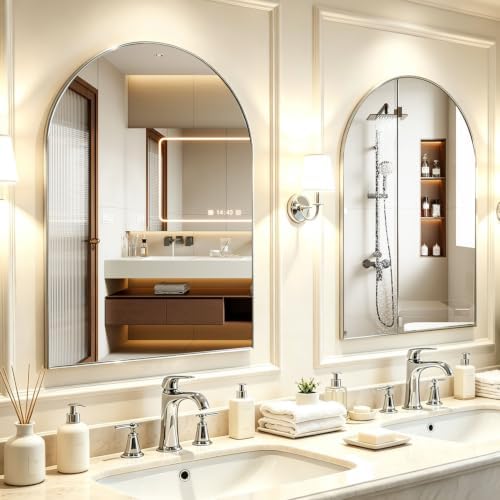 Arched Wall Mirror for Bathroom, 30"x40" Arched Mirror Wall Mounted Mirror with Metal Frame, Silver Vanity Mirror Decor for Mantle, Bedroom, Entryway, Living Room