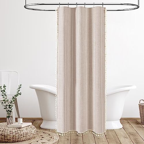 BTTN Small Boho Linen Heavy Duty Cloth Shower Curtain, 36x72, Tan/Taupe