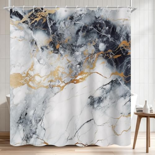 Abstract Marble Shower Curtain Modern Charcoal Luxury Gold Ink Texture Gray Ombre Watercolor Bathroom Curtain Set with Hooks Soft and Lightweight Waterproof Fabric Machine Washable 66" WX72 L