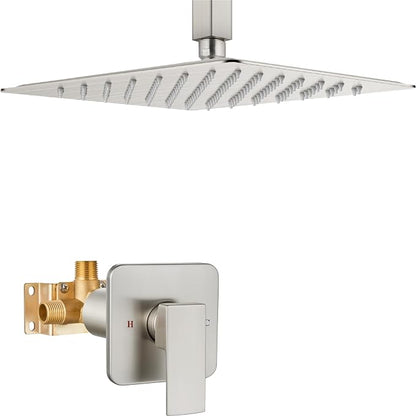 Heyalan 10-Inch Ceiling Mount Shower Faucet Set with Valve, Brushed Nickel | Rainfall shower head, ceiling-mount design, SUS304 steel, adjustable angle, single-handle control