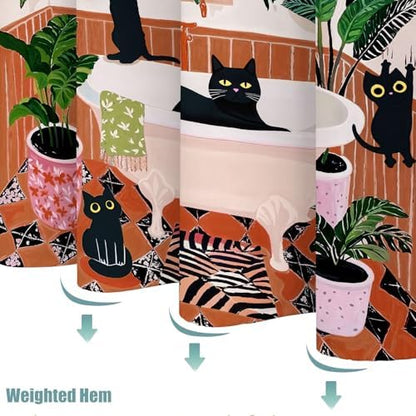 Funny Cat Shower Curtain Boho Cute Fun Black Cats Matisse Shower Curtains for Bathroom Kitten Green Tropical Plant Leaves Beige Brown Red Waterproof Fabric Bath Curtain Decor 72 X 84 Inches
