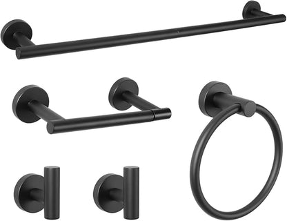 5 Piece Modern Style Wall Mounted Bathroom Hardware Set | #304 Stainless Steel, 24" Towel Bar Mount, Towel Rings, 2 Pillar Toilet Paper Holder, Bathrobe Hook (Matt Black)