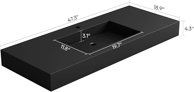 SJ Star&Jane 48" x 19" Solid Surface Bathroom Sink, Wall-Mount or Countertop Vessel Sink, Rectangle Floating Vanity Sink in Matte Black, Durable Modern Design