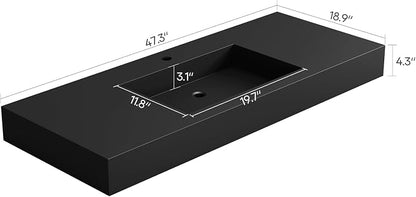SJ Star&Jane 48" x 19" Solid Surface Bathroom Sink, Wall-Mount or Countertop Vessel Sink, Rectangle Floating Vanity Sink in Matte Black, Durable Modern Design