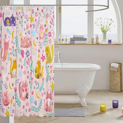 Feelyou Kids Funny Cats Shower Curtain Girls Cute Flower Cartoon Kitty Kitten Bathroom Waterproof Accessories with 12 Hooks 72x72 Inches Animal Theme Girly Kawaii Room Pink Decor