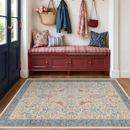 Boho Floral Bird Pattern 4x6 Large Mudroom Rug - Natural Red Blue Washable Reading Corner Area Rug, Modern Vintage Kitchen Floor Carpet, Low Pile Non-Slip Carpet for Door Mat Indoor Entrance