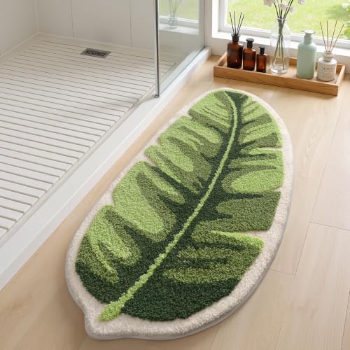 LUMI Cute Bathroom Rug Green Leaf, Absorbent Non Slip Bath Mat, 19.5"x39.5"