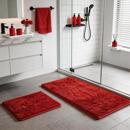RUN HELIX Bathroom Rugs, Chenille Bath Mat, Non-Slip, Machine Washable Bath Rugs - Ultra Soft Bath Mats, Dries Quickly, Bathroom Rug Set of 2 Red Batroom Mats Set-32x20+24x16 Inch Christmas Rug
