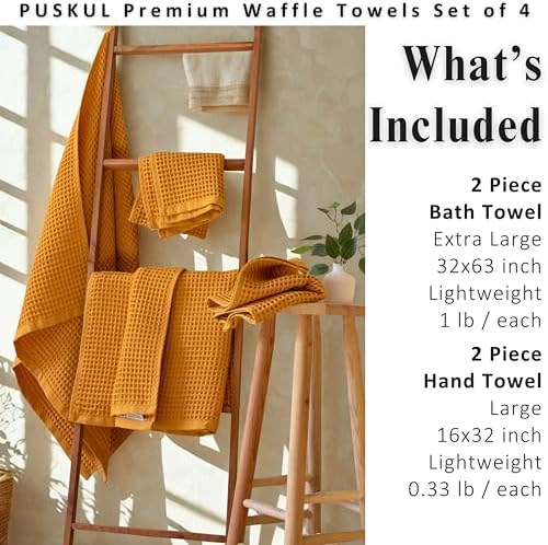 PÜSKÜL Natural 100% Turkish Cotton Waffle Towels Set of 4-Piece, Mustard Y.