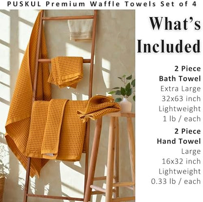 PÜSKÜL Natural 100% Turkish Cotton Waffle Towels Set of 4-Piece, Mustard Y.