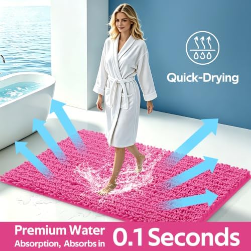 ACCUMTEK Upgrade Extra Large Shiny Pink Bathroom Rug Set 3 Pieces Ultra Soft, Thick Absorbent Bath Mats, Non Slip Chenille Toilet Mat for Bathroom, Bedroom, Kitchen