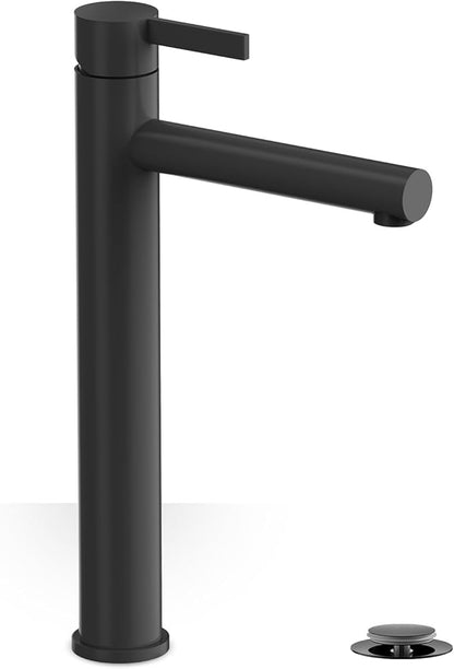 Matte Black 1 Hole Tall Bathroom Vessel Sink Faucet, Single Hole Single Handle Vanity Bathroom Faucet, with Pop Up Drain and Water Supply Line, FH01-MB-V