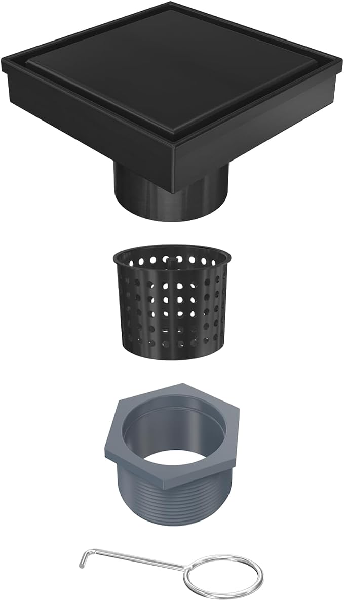 Tile Insert Square Shower Drain 6 in with Strainer, Matte Black | SUS 304 Stainless Steel, Removable Grate & Hair Strainer Design, for Bathroom, Kitchen, Balcony, Garage, Basement, Toilet