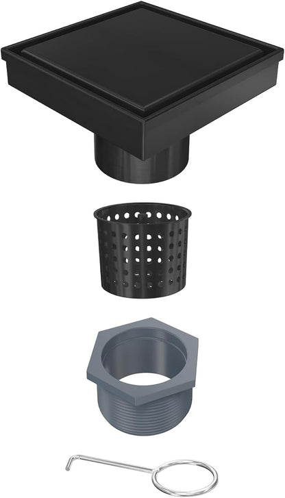 Tile Insert Square Shower Drain 6 in with Strainer, Matte Black | SUS 304 Stainless Steel, Removable Grate & Hair Strainer Design, for Bathroom, Kitchen, Balcony, Garage, Basement, Toilet