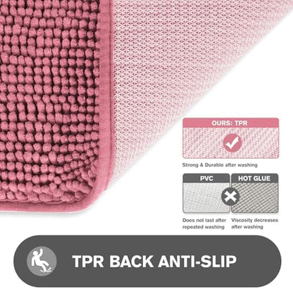 Dusty Rose Bathroom Rugs – Absorbent and Washable Bath Mat, Non-Slip, Thick Soft Chenille Bath Rugs for Bathroom Floor, Shower, Sink - 17" x 24"