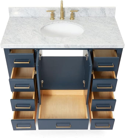 ARIEL Cambridge 42-inch Bathroom Vanity with Sink,Solid Wood, 1.5-inch Italian Carrara Marble Countertop, Single Oval Porcelain Sink, 2 Soft Closing Doors, 9 Dovetail Drawers, Midnight Blue