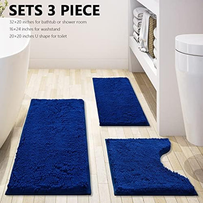 Bathroom Rugs Chenille 3-Piece Extra Soft and Absorbent Shag Bathroom Rugs, Machine Wash Mat, Strong PVC Non-Slip Underside, Plush Carpet Mats (Royal Blue)