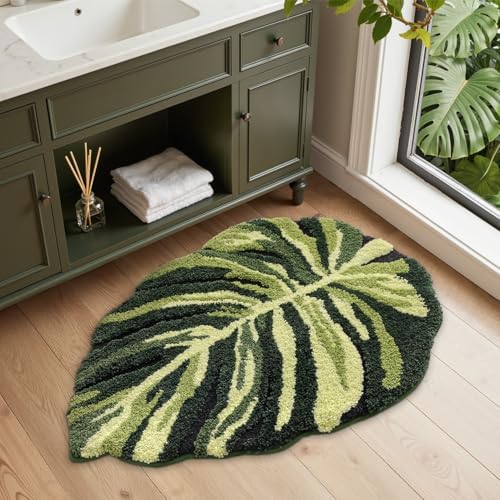 LUMI Cute Bathroom Rug Green Leaf, Absorbent Non Slip Bath Mat, 32"x48"