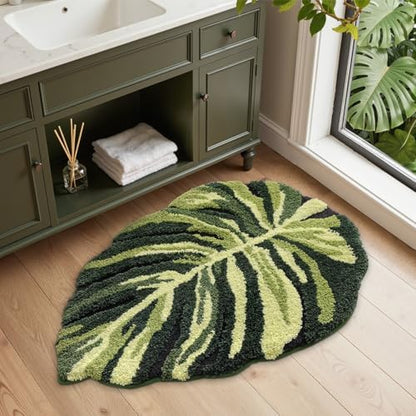 LUMI Cute Bathroom Rug Green Leaf, Absorbent Non Slip Bath Mat, 32"x48"