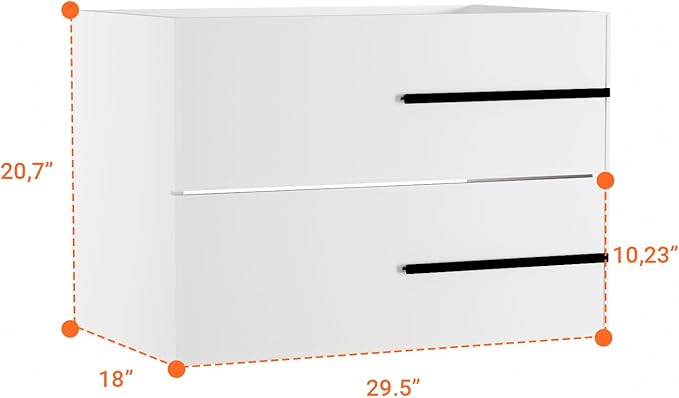 30 inch Floating Bathroom Vanity Without Sink, Space Saving Fluted Design for Small Bathrooms, Soft Closing Drawers & Black Handles White