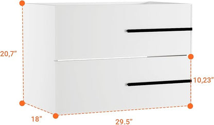 30 inch Floating Bathroom Vanity Without Sink, Space Saving Fluted Design for Small Bathrooms, Soft Closing Drawers & Black Handles White