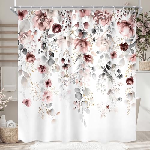 Floral Grey Pink Leaves Girls Watercolor Bathroom Shower Curtain Set