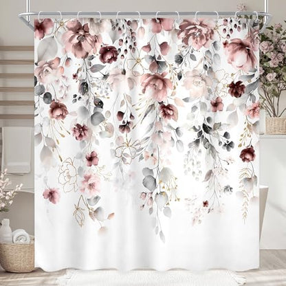Floral Grey Pink Leaves Girls Watercolor Bathroom Shower Curtain Set