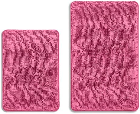 Hot Pink Bathroom Rugs Sets 2 Piece – Absorbent and Washable Bath Mat, Non-Slip, Thick Soft Chenille Bath Rugs for Bathroom Floor, Shower, Sink - 17" x 24"+20" x 32"