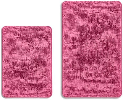 Hot Pink Bathroom Rugs Sets 2 Piece – Absorbent and Washable Bath Mat, Non-Slip, Thick Soft Chenille Bath Rugs for Bathroom Floor, Shower, Sink - 17" x 24"+20" x 32"
