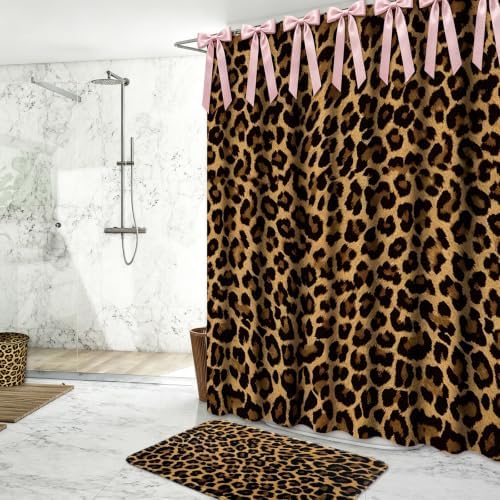 AnyDesign 28 Pcs Leopard Shower Curtain Set with Non-Slip Bath Mat U-Shaped Rug Toilet Lid Cover Cheetah Print Shower Curtain with Hooks and Pink Ribbons for Bathroom Accessories & Decor