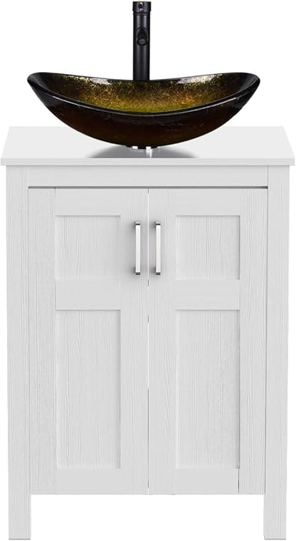 YOURLITE 24" Bathroom Vanity with Sink, White Bathroom Vanity with Faucet & Pop Up Drain Set,Traditional Vanity with Black Glass Bowl Bathroom Sink