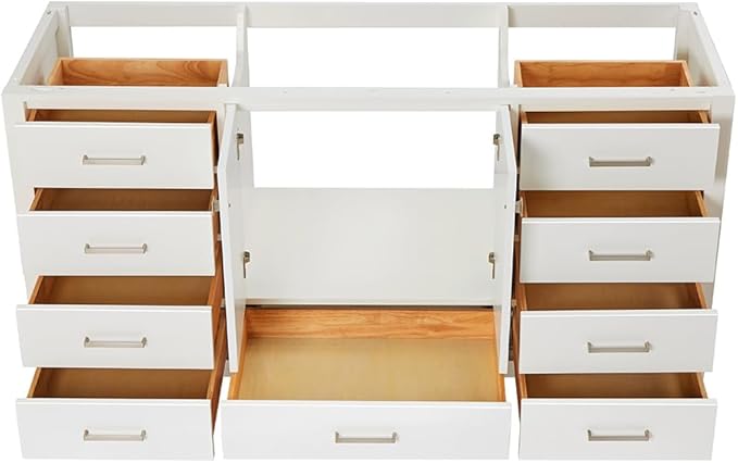 ARIEL Cambridge 66-inch Bathroom Vanity Base Cabinet,Solid Wood, 2 Soft Closing Doors, 9 Dovetail Drawers, White