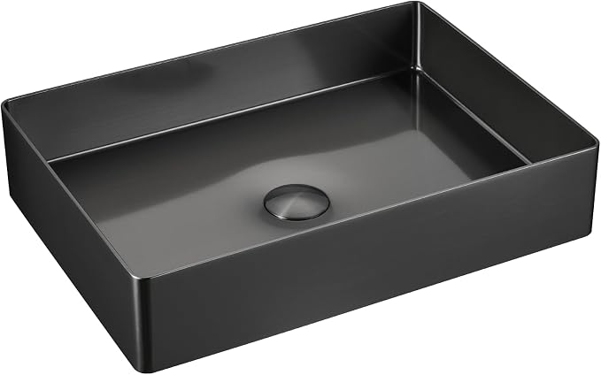 Black Rectangular Bathroom Vessel Sink: 20"x14" Modern Vanity Washbasin | Above Counter Lavatory Basin with Stainless Stee PVD Coating Pop Up Drain for Home Hotel Office Toilet Renovation Decoration