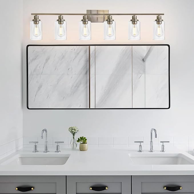 MELUCEE Modern Bathroom Vanity Light Fixtures 6-Light Brushed Nickel | 45.3 Inch Contemporary Wall Light with Clear Glass Shade for Kitchen Living Room Bedroom (Patent No.: US D963914 S)