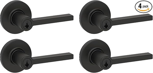 Kwikset Casey Entry Door Handle with Lock and Key, Secure Keyed Reversible Lever Exterior, for Front Entrance and Bedrooms, Matte Black, 4 Pack, Pick Resistant SmartKey Rekey Security and Microban