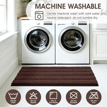 ACCUMTEK Striped Brown Bathroom Rug Set 3 Pieces Ultra Soft, Non Slip Chenille Toilet Mat, Absorbent Plush Shaggy Bath Mats for Bathroom, Bedroom, Kitchen