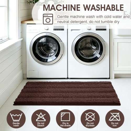 ACCUMTEK Striped Brown Toilet Bathroom Rug Mat Set 2 piece Rug Ultra Soft, Non Slip Chenille Bath Rugs, Absorbent Plush Shaggy Bath Mats for Bathroom, Bedroom, Kitchen, Shower, Tub