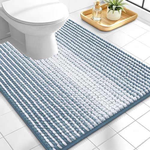 OLANLY Toilet Rugs U-Shaped 24x20, Chenille Contour Bath Mat, Airy Blue
