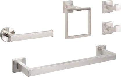 NearMoon 5 Pieces Bathroom Hardware Set 304 Stainless Steel - Square Towel Rack Set Include 16" Towel Rod + Towel Ring + Toilet Paper Holder + 2 Robe Towel Hooks Bathroom Accessories (Brushed Nickel)