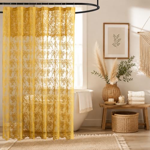 Mustard Yellow Lace Shower Curtain with Attached Valance 72x84 Inch